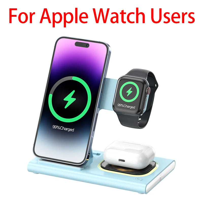 300W Foldable 3 In 1 Wireless Charger Stand Pad Desktop Fast Charging Station For iPhone 16 15 14 13 Samsung Apple Watch Airpods