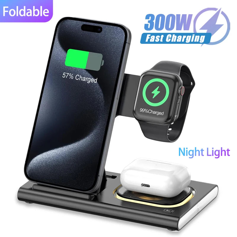300W Foldable 3 In 1 Wireless Charger Stand Pad Desktop Fast Charging Station For iPhone 16 15 14 13 Samsung Apple Watch Airpods