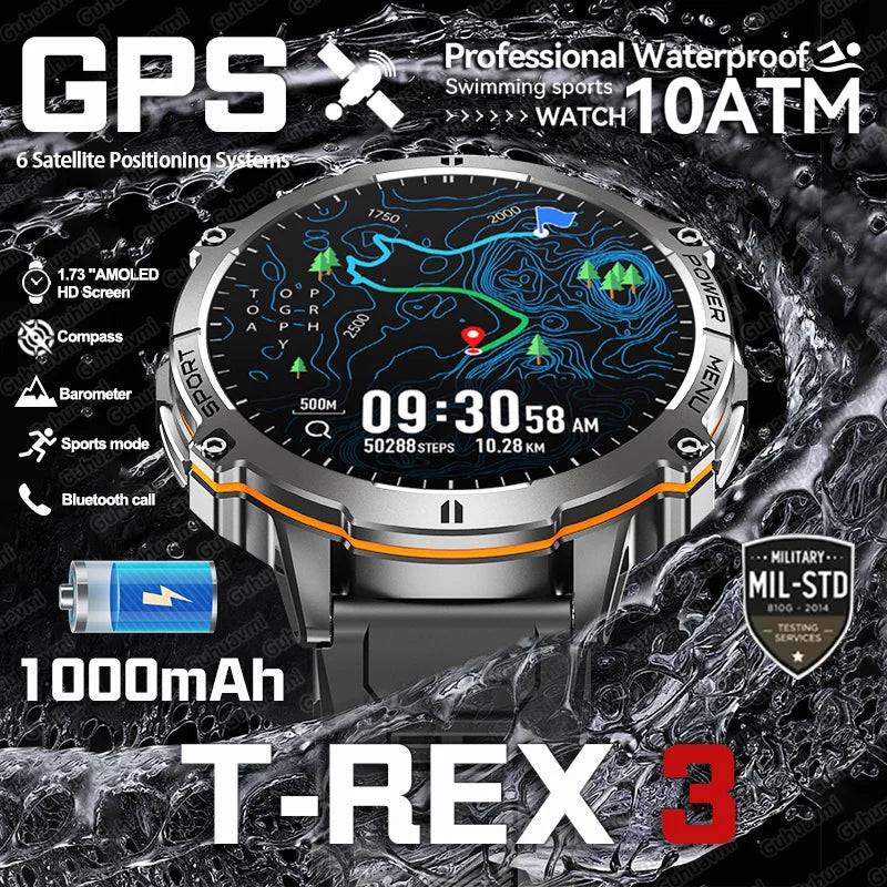 T-Rex 3 Military Grade 1000mAh Battery Smart Watch 10ATM Waterproof GPS.