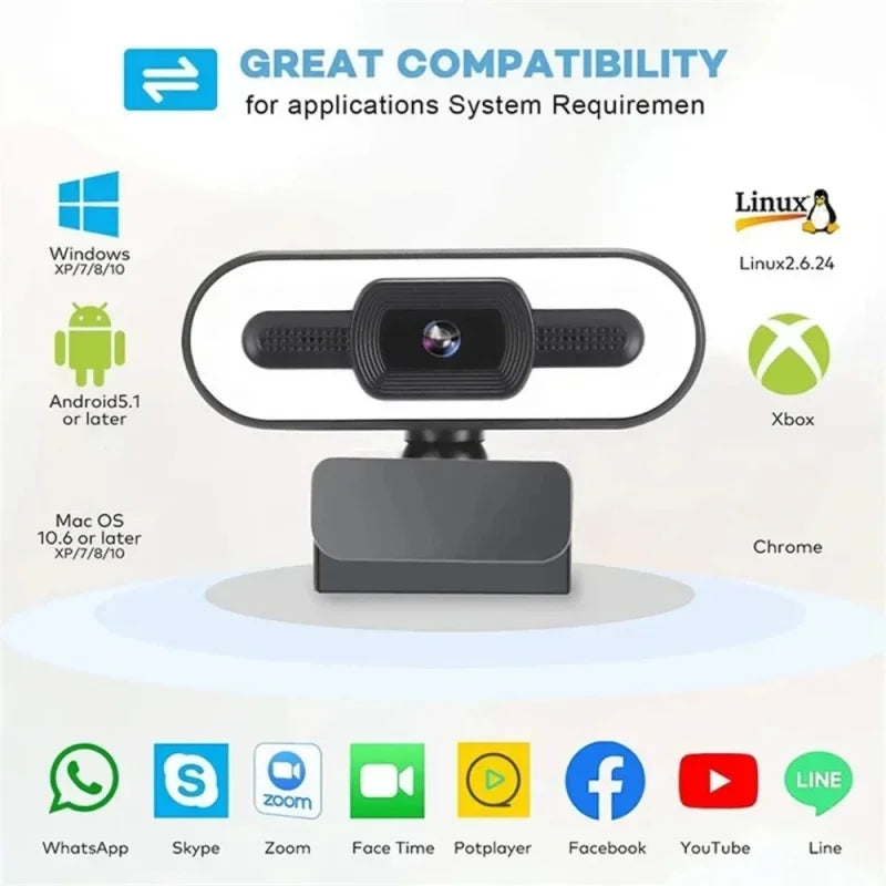 Portable Full HD 1080P 2K 4K Webcam PC Laptop Auto Focus Webcam Live Streaming Flexible with Microphone Live Broadcast withLight