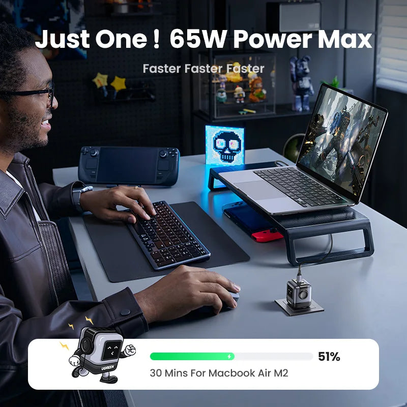 UGREEN 65W GaN Charger Uno Robot Design PD Fast Charger PPS PD3.0 for iPhone 17 16 15 Fast Charge for Xiaomi Laptop Macbook Pro