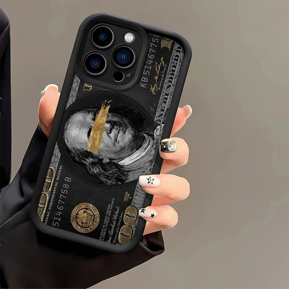 Black dollars Full-Coverage Banknote Design Silicone Case For iPhone 16 15 14 13 12 11 ProMax XSMax XR 7 8 Plus Shockproof Cover