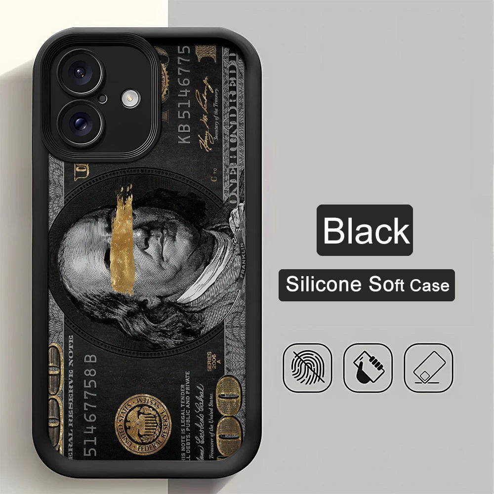 Black dollars Full-Coverage Banknote Design Silicone Case For iPhone 16 15 14 13 12 11 ProMax XSMax XR 7 8 Plus Shockproof Cover