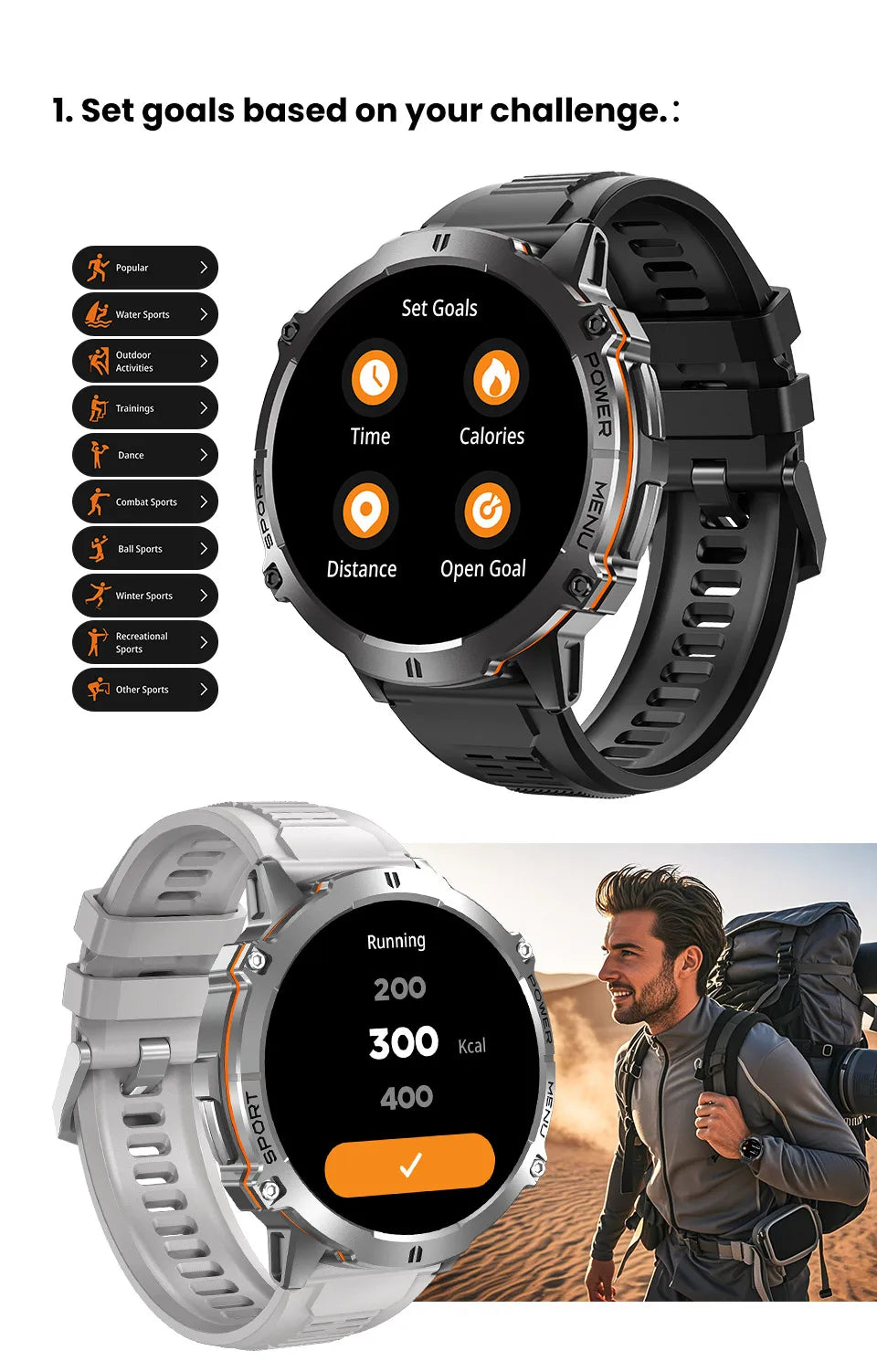 T-Rex 3 Military Grade 1000mAh Battery Smart Watch 10ATM Waterproof GPS.