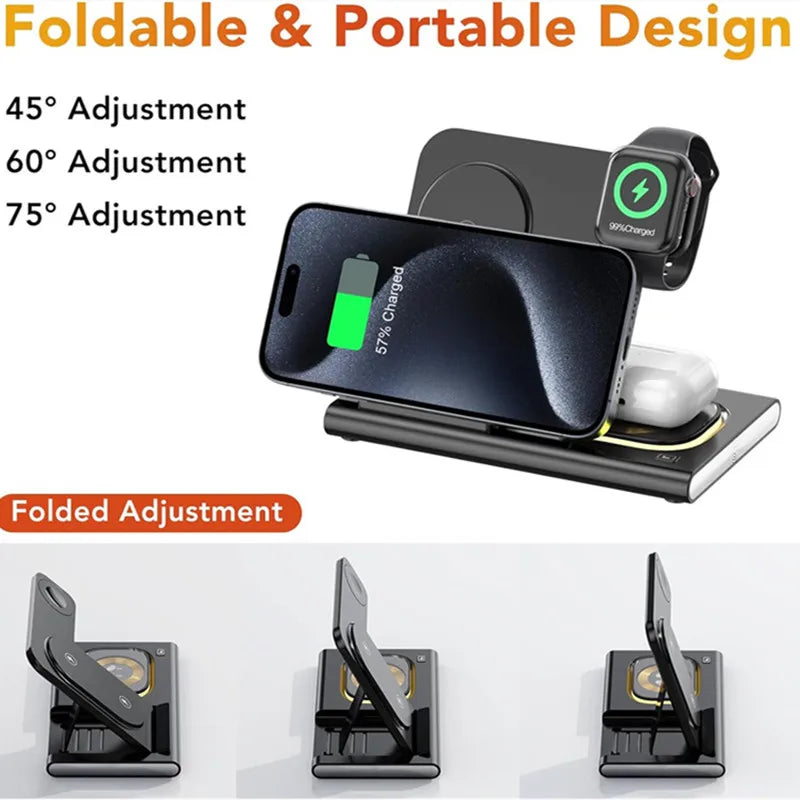 300W Foldable 3 In 1 Wireless Charger Stand Pad Desktop Fast Charging Station For iPhone 16 15 14 13 Samsung Apple Watch Airpods