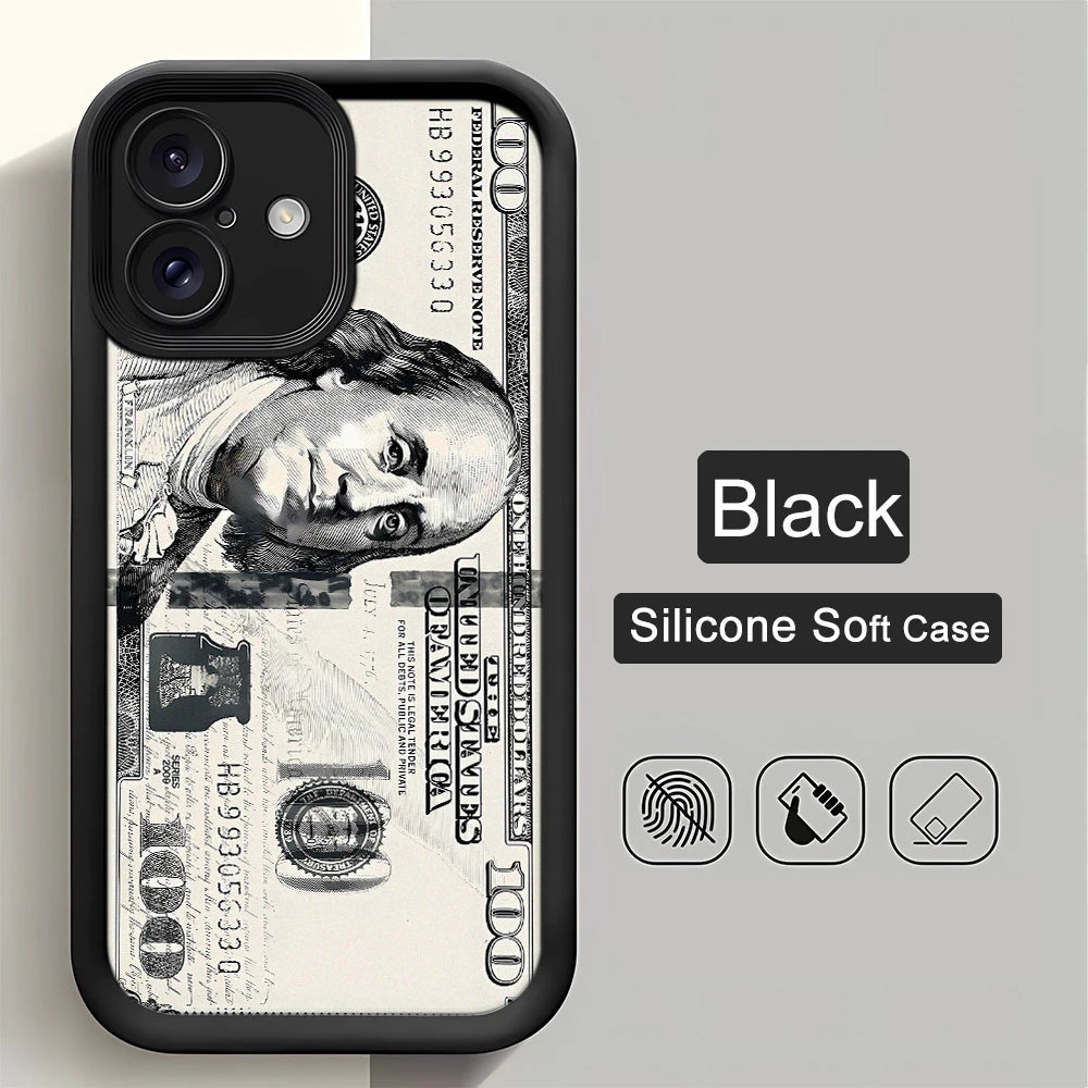 Black dollars Full-Coverage Banknote Design Silicone Case For iPhone 16 15 14 13 12 11 ProMax XSMax XR 7 8 Plus Shockproof Cover