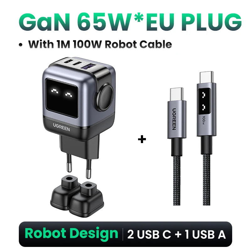 UGREEN 65W GaN Charger Uno Robot Design PD Fast Charger PPS PD3.0 for iPhone 17 16 15 Fast Charge for Xiaomi Laptop Macbook Pro