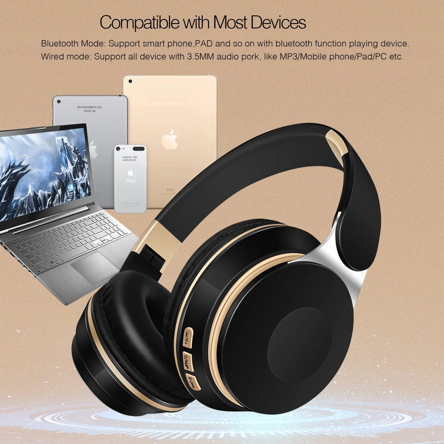 2026 Wireless Bluetooth Headphones Stereo Headband Headset with SD Card Support And Mic for iPhone Samsung Tablet